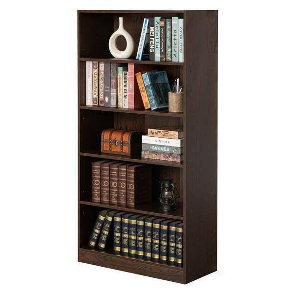 Basicwise Freestanding Wooden Display Bookshelf, Floor Standing Bookcase, with 5 Open Display Shelves, Brown QI004621.BN